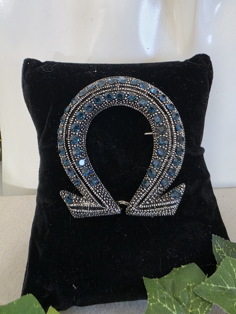 Silver Blue Rhinestone Greek Omega Pin | Horseshoe Shape Statement Brooch